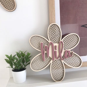 Wooden Rattan Effect Flower Name Plaque / Sign - Baby Nursery / Girls Bedroom Decor / Wall Hanging