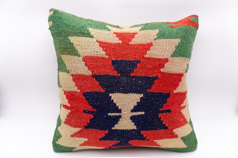 green, red, and navy blue 16x16 Kilim pillow cover