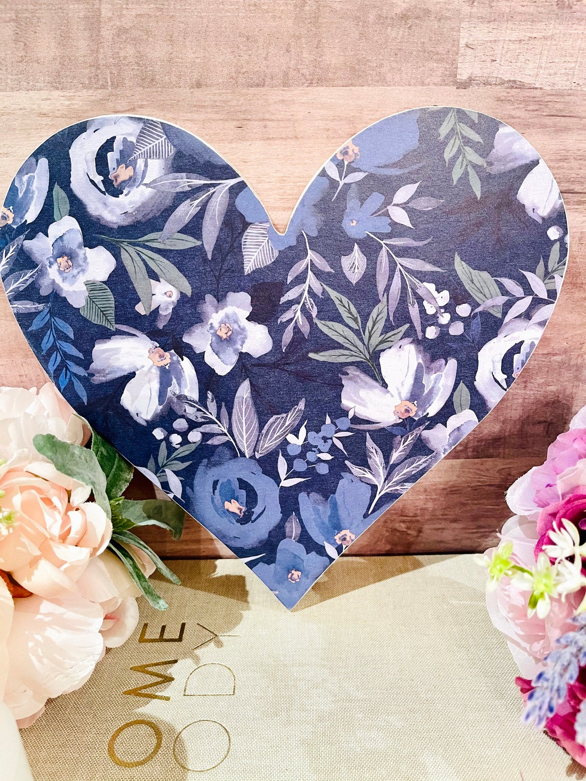 Blue and White Floral Heart Wood Art Etsy