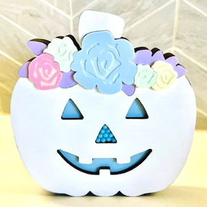Flower Crown Jack-O-Lantern Pumpkin - Wood Decor with Acrylic Flowers - Tiered Tray
