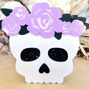 Flower Crown Skull - Wood Decor with Acrylic Flowers - Tiered Tray