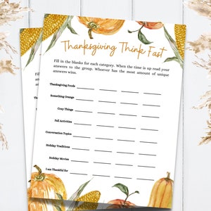 Thanksgiving Trivia Game, Think Fast Game, Thanksgiving Printable Games, Fun Friendsgiving Game, Zoom Game, Family Game, Instant Download