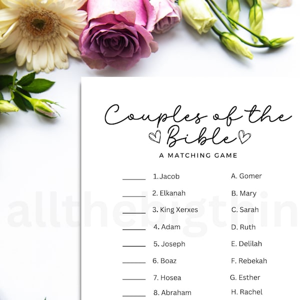 Bible couples game, Bible Couples Quiz, Church Bridal Shower Game, Printable Bible Couples Game, Biblical Couples Game, Christian Shower