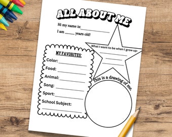 PRINTABLE All About Me Worksheet,  Printable activity for kids, First Day of School Questionnaire, PDF, Jpeg, Coloring Page, Kindergarten