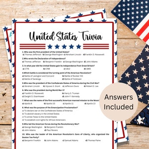 Fourth of July Trivia Game | United States History Trivia  | 4th of July Printable Party Games | USA  | July 4th Games | Patriotic Games