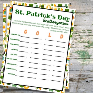 St. Patrick&#39;s Day Scattergories Game, St Patrick&#39;s Themed Party, Printable St. Patty&#39;s Games, Printable St Paddy&#39;s Day, St Pattys Games