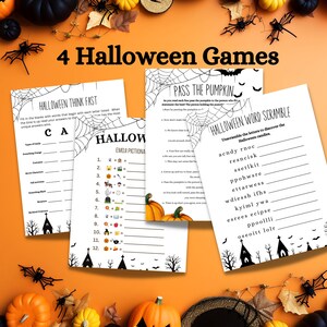 4 Halloween Printable Games Bundle, Fun Spooky Activities, Games for the for Kids, for Adults, for Office, Digital Download, Halloween Party