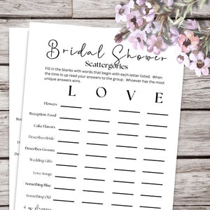Bridal Shower Scattergories, Minimalist, Scattergories, Game, Scattergories Game Card, Printable Bridal Shower Game, Bridal shower games