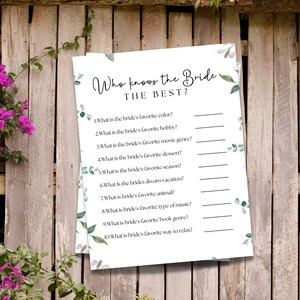 Script Who Knows the Bride Best Game - How Well Do You Know the Bride Card - Printable Sophie Script Bridal Shower Game - Instant Download