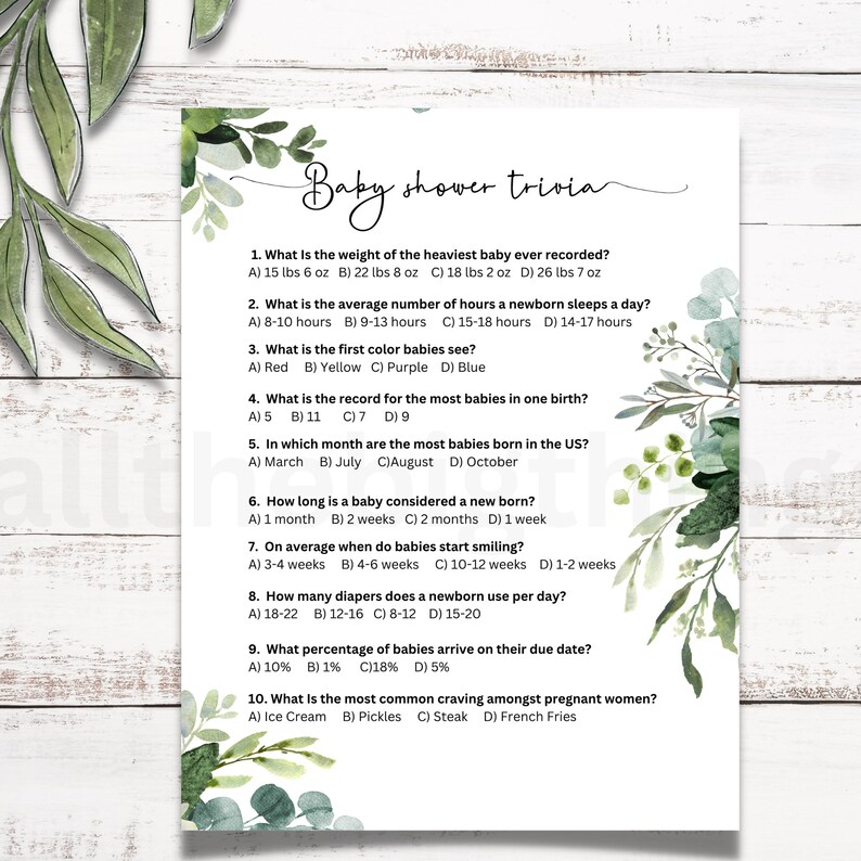 Baby Trivia Game Baby Shower Trivia Baby Shower Party Game Cards Leaves ...