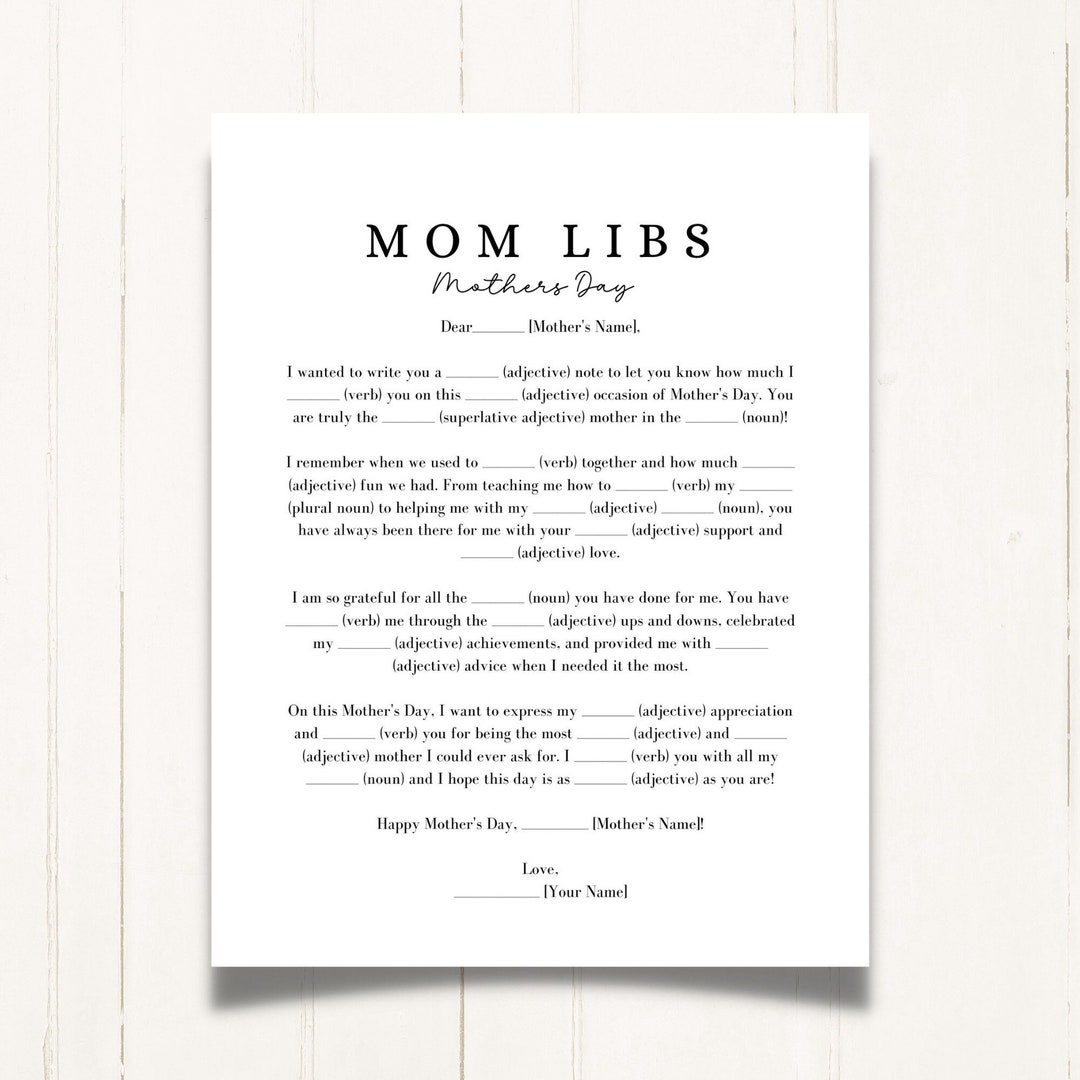 Mother's Day Mad Libs | Mad Libs | Mother Day Game | Printable Mothers Day Party Game | Mothers ...