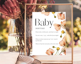 No digas juego de bebé, No digas bebé imprimible, No digas juego de baby shower, DESCARGA INSTANTE, Floral, Moderno, Letras a mano