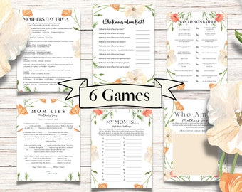 Printable Mother's Day Game Bundle, 6 games, Mothers Day Game, games for kids and adults, Printable Family Party Games, Mothers Day Games