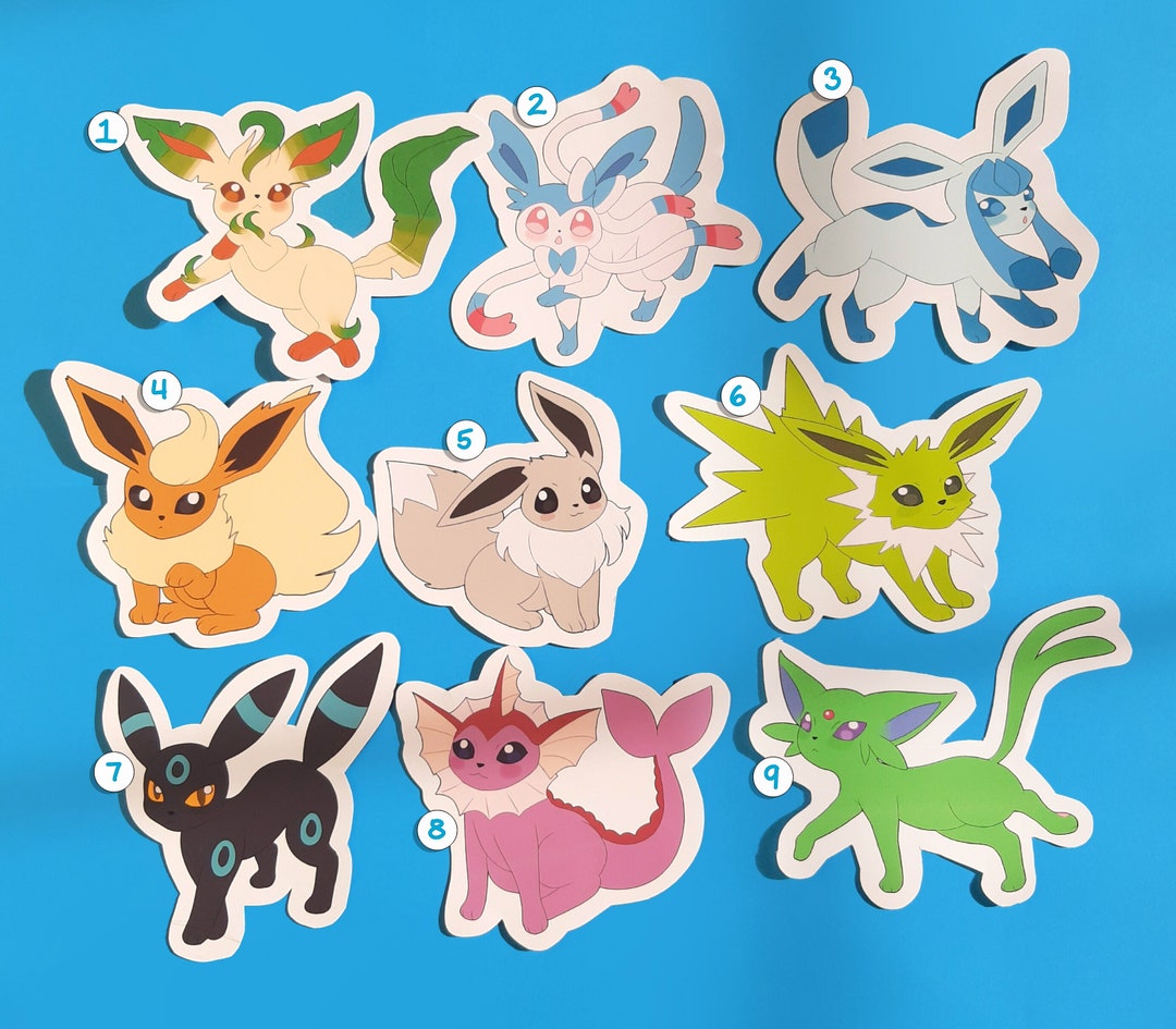 Neon Shiny Eevee Evolution Pack all 9 Pokemon Stickers 