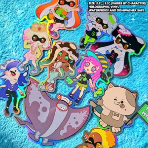 May include: A collection of holographic vinyl stickers featuring cartoon characters. The stickers vary in size from 2.5 to 3.5 inches and include a variety of colorful designs. The stickers are waterproof and dishwasher safe. The text on the stickers says "SIZE: 2.5"-3.5" (VARIES BY CHARACTER) HOLOGRAPHIC VINYL WATERPROOF AND DISHWASHER SAFE".