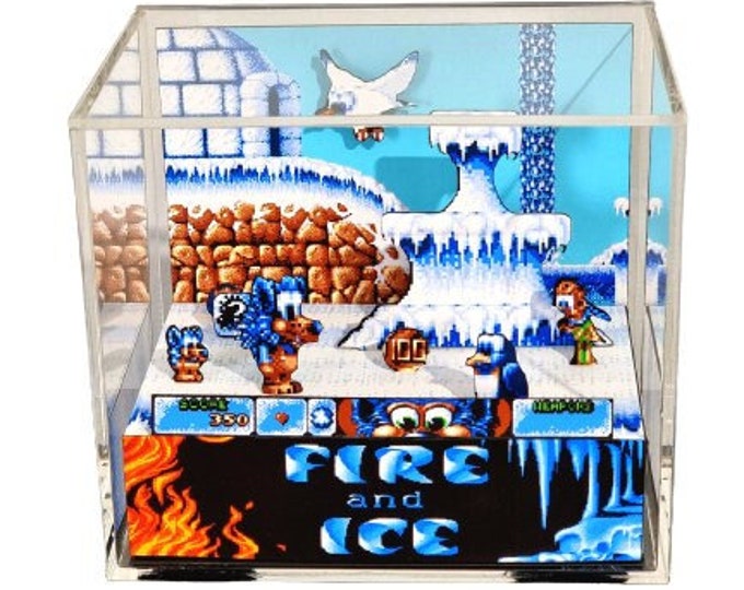 Fire & Ice Cube Diorama - 3D Videogame - Gift for Gamer - Shadow Box - Miniature - Shadowbox