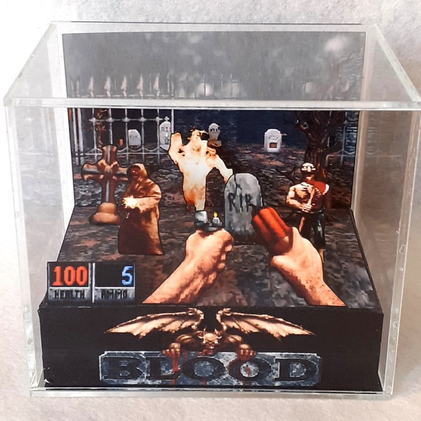 Blood Cube Diorama - 3D Videogame - Gift for Gamer - Shadow Box - Miniature