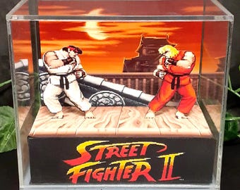 Street Fighter II Acrylic Cube Diorama, Handmade SNES Fighting Game Display