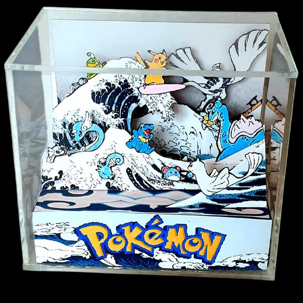 Pokemon Great Wave Acrylic Cube Diorama, Handmade Japanese Art Display