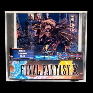 May include: A framed artwork featuring a scene from Final Fantasy X. The image shows a character in battle with a large monster, with game interface elements visible. The title "FINAL FANTASY X" is displayed at the bottom.