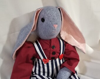 Stuffed Blue Denim Flannel Bunny Rabbit Dressed in Striped Overalls and Red Shirt