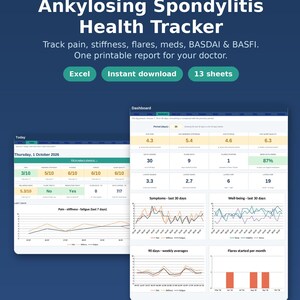 Puede incluir: Una plantilla de hoja de cálculo digital Ankylosing Spondylitis Health Tracker para Excel. La interfaz muestra un panel con gráficos, datos y métricas para realizar un seguimiento del dolor, la rigidez y los brotes en 13 hojas.