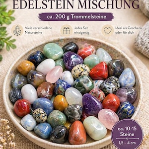 Könnte beinhalten: Eine Schale mit einer Auswahl an polierten Edelsteinen in Rot, Blau, Grün, Lila und Weiß. Der Text enthält "GROSSE EDELSTEIN MISCHUNG" und "ca. 10-15 Steine, 1,5 - 4 cm". Die Edelsteine sind natürlich und einzigartig.