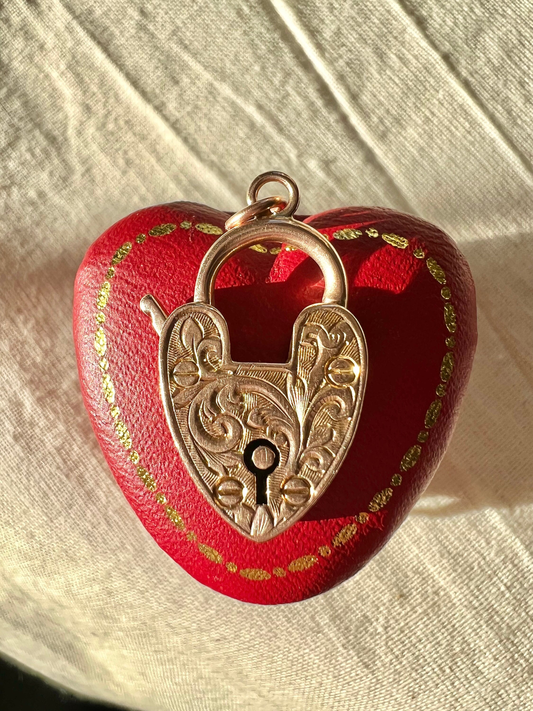 Antique 9ct Rose Gold Engraved Heart Padlock Pendant India