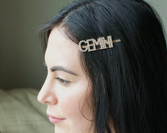 Gemini bobby pin, Rhinestone astrology zodiac sign Gold Hair Clip, Crystal luxury strong barrette, Glam Letter word hair pin valentine gift