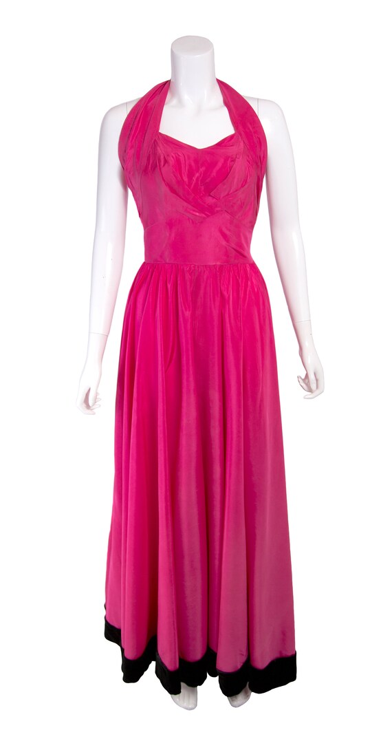 Vintage 1930s Pink Satin Black Velvet Evening Dres