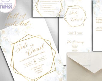 Paquete de invitaciones de boda, sencillas, elegantes, personalizables, delicadas flores en dorado y azul pálido, plantilla editable