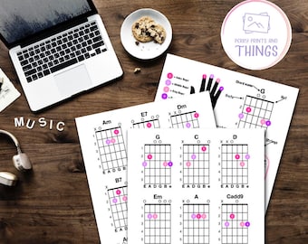 Tabla de acordes de guitarra para principiantes – Póster rosa de acordes de guitarra (descarga digital)