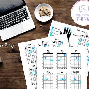Beginner Guitar Chord Charts AND chord guide- Printable PDF Instant Digital Download, Blue, Guitar Chord Poster, Common Guitar Chords