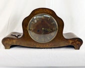 Antique Kohler walnut mantel clock with intarsia. Ornate clock with a mechanical movement