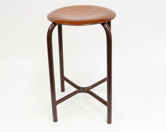Vintage stool with steel base and wooden seat