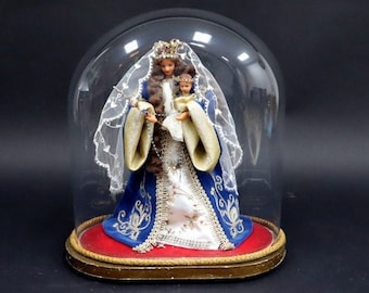Antique Belgian glass dome with image of Saint Mary with Child.