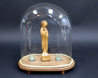 Antique Belgian glass dome with wooden statue of Saint Mary and two flower arrangement studs