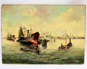 Peinture à l'huile ancienne avec le peintre signature Wim Bos