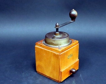 Antique PeDe wooden coffee grinder with metal grinder