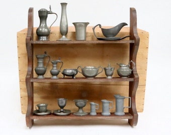 Wooden 3-layer wall shelf with 16 tin miniatures