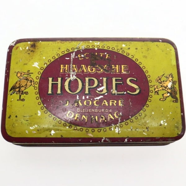 Haagsche Hopjes tin box, original and antique. J. Kocare, Bleyenburg 4, The Hague