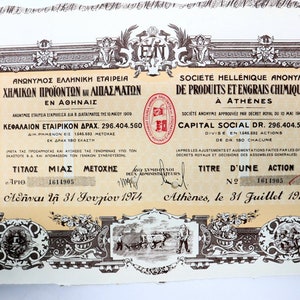 Société Hellénique "De Produits Etengrais Chimiques, 1909, Original historical share