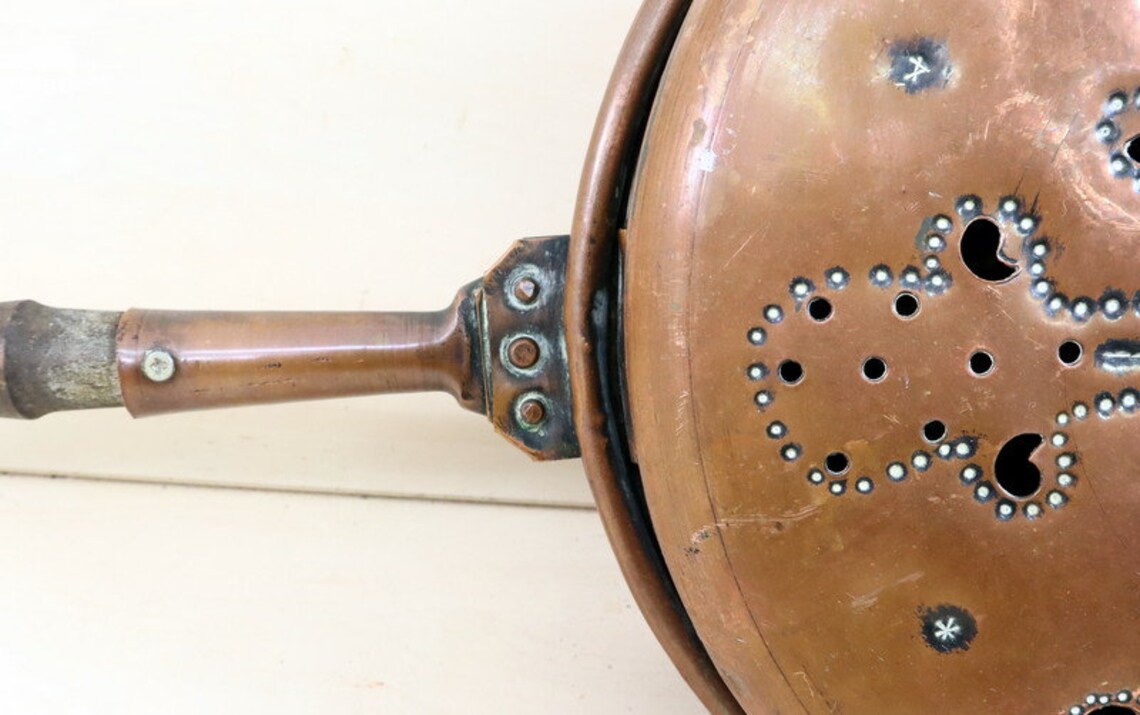 Antique copper bedpan with wooden handle. Etsy