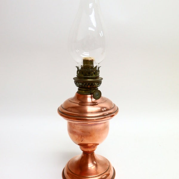 Red copper oil lamp with wind glass & ornamental convex glass