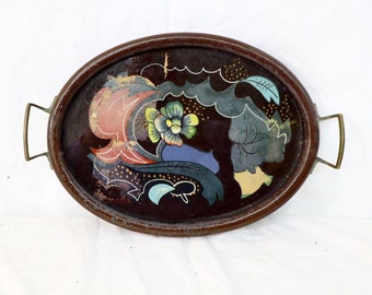 Antique art deco serving bowl with glass painting flowers in pot