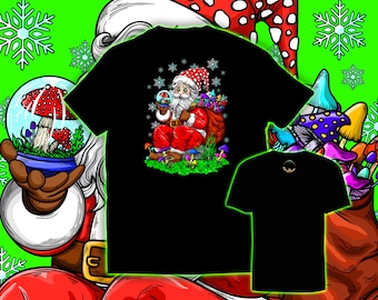 Trippy Mushroom Santa T-Shirt – Shroomaniac Christmas Graphic Tee