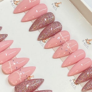 Press On Nails Pink Glitter Holographic Hearts Stiletto Medium