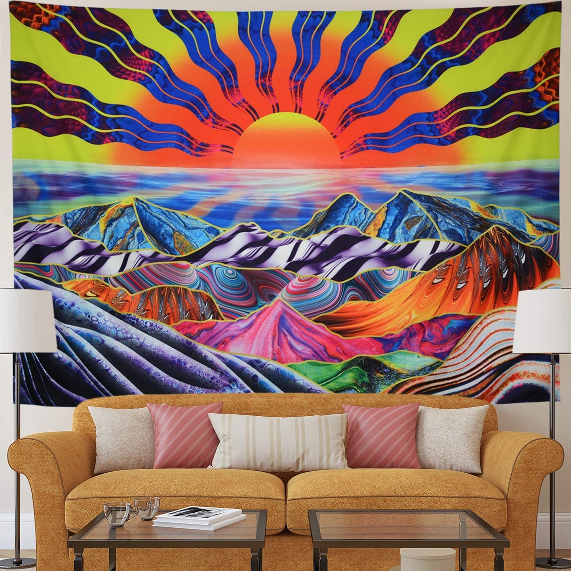 Hippie Sun Tapestry Trippy Mountain Tapestry Psychedelic Etsy