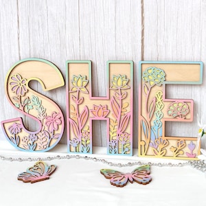 Wooden Nursery Name Sign Floral Rainbow Name Sign Wildflower Wall Letters Layered 3D Wall Art Nursery Decor Baby Girl Shower Gift