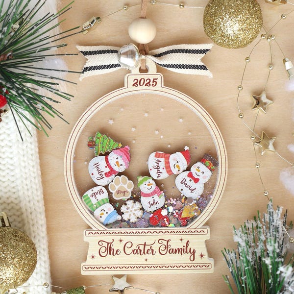 Adorno navideño familiar personalizado de muñeco de nieve: decoración acrílica personalizada